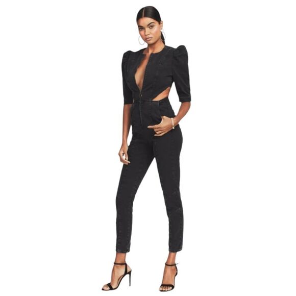 RETROFETE black denim puff sleeve Kiara utility jumpsuit XS - Picture 1 of 12